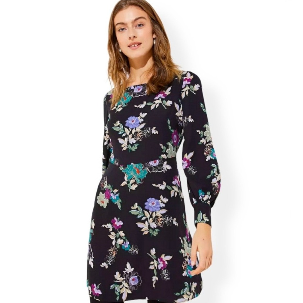 LOFT Black Floral Square Neck Long Sleeve Knee Length Dress Women's Size 6
